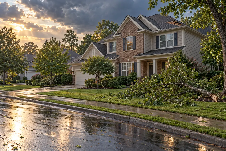 Generated illustration of a Raleigh roof after storm clouds clear.